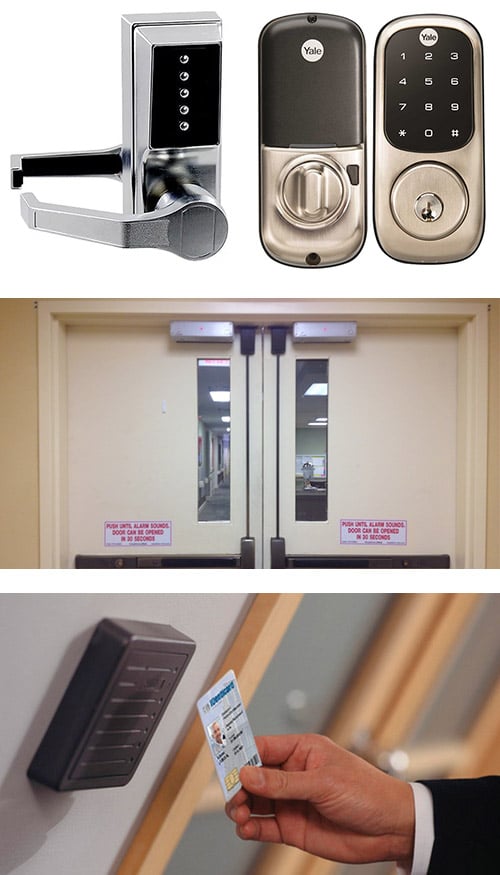 commercial keypad locks, doors with maglocks and crash bars, and a keycard being used at an access control device
